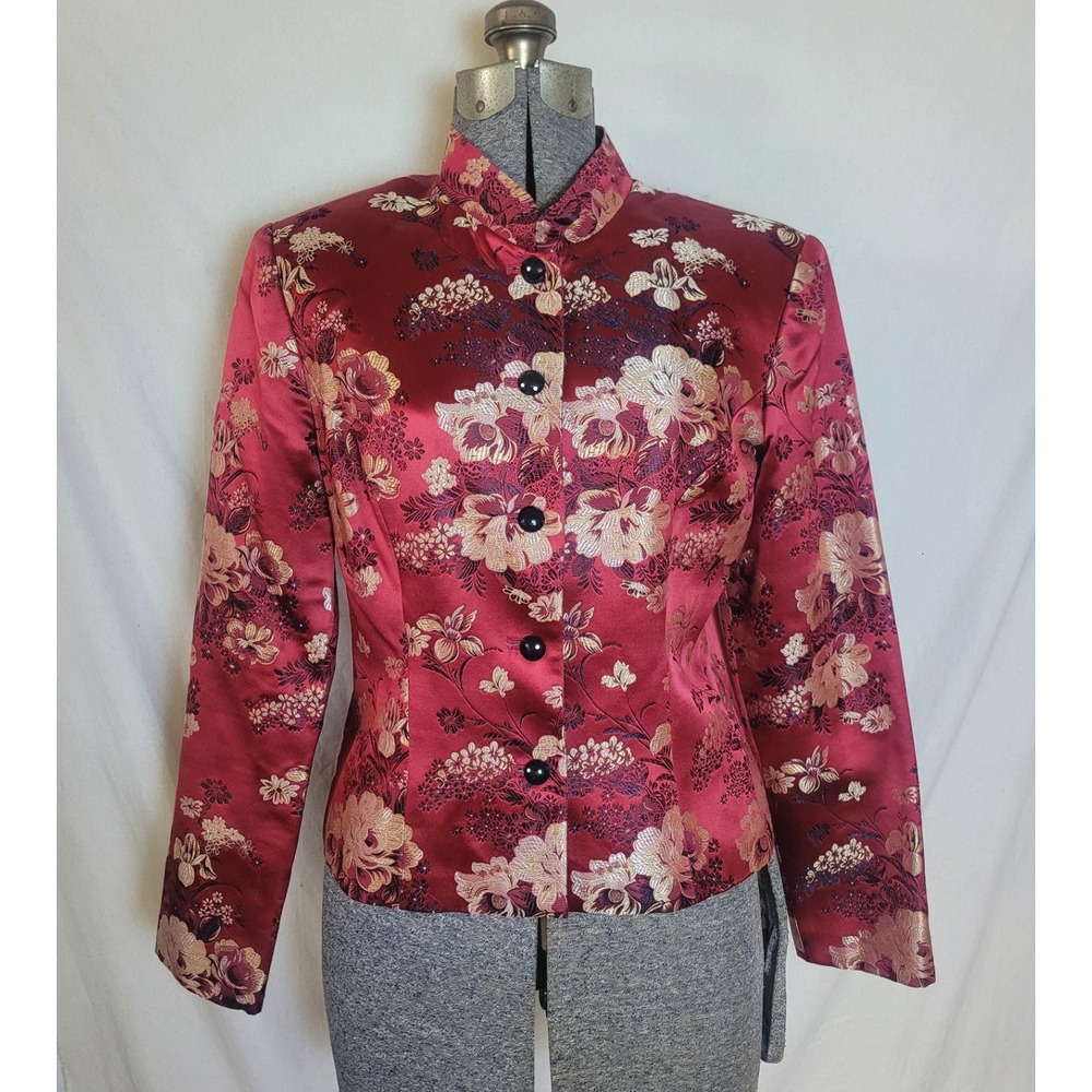 Vintage 90s Asian Style Silk Blend Jacket Brocade Button Up Oriental Mandarin M